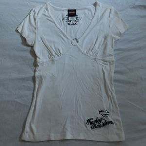 White Medium Harely Davidson V-Neck